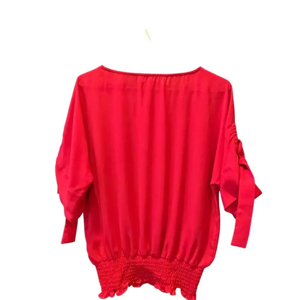Michael Kors Red Top S EUC Gold Grommet Tie Sleeve Smocked Hem Blouse